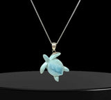 Larimar Sea Turtle Tortoise Pendant Necklace , Silver Bohemian Jewelry, Dominican Republic Larimar Necklace Gifts for Her, 1.75"x 1.25”