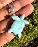 Larimar Sea Turtle Tortoise Pendant Necklace , Silver Bohemian Jewelry, Dominican Republic Larimar Necklace Gifts for Her, 1.75"x 1.15"