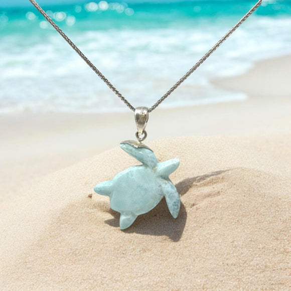 Larimar Sea Turtle Tortoise Necklace , Silver Gemstone Larimar Jewelry, Dominican Republic Larimar Necklace Gifts for Her, 1.75