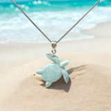 Larimar Sea Turtle Tortoise Necklace , Silver Gemstone Larimar Jewelry, Dominican Republic Larimar Necklace Gifts for Her, 1.75"x 1.30"