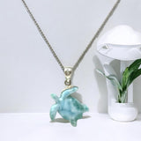 Larimar Sea Turtle Tortoise Necklace , Silver Gemstone Larimar Jewelry, Dominican Republic Larimar Necklace Gifts for Her, 1.75"x 1.30"