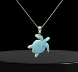 Larimar Sea Turtle Necklace , Silver Gemstone Larimar Jewelry, Dominican Republic Larimar Necklace Gifts for Her, 1.75"x 1.30" Sold As Is