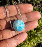 Rare 17mm Sphere Larimar Gemstone Necklace, Dominican Republic Larimar Round Ball Necklace, Healing Stone Silver Jewelry