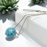 Rare 17mm Sphere Larimar Gemstone Necklace, Dominican Republic Larimar Round Ball Necklace, Healing Stone Silver Jewelry