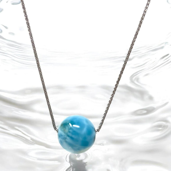 Rare 17.5mm Sphere Larimar Gemstone Necklace, Dominican Republic Larimar Round Ball Necklace, Healing Stone Silver Jewelry