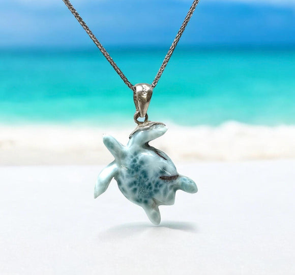 Larimar Turtle Pendant Necklace , Silver Bohemian Jewelry, Dominican Republic Larimar Necklace Gifts for Her, 1.60