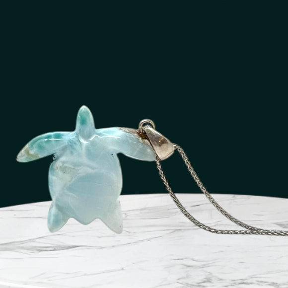 Larimar Turtle Pendant Necklace , Silver Bohemian Jewelry, Dominican Republic Larimar Necklace Gifts for Her, 1.75