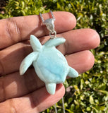 Larimar Sea Turtle Tortoise Pendant Necklace , Silver Bohemian Jewelry, Dominican Republic Larimar Necklace Gifts for Her, 1.75"x 1.25”