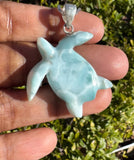 Larimar Sea Turtle Tortoise Pendant Necklace , Silver Bohemian Jewelry, Dominican Republic Larimar Necklace Gifts for Her, 1.75"x 1.25”