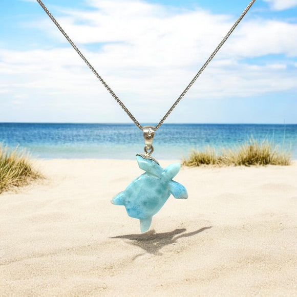 Larimar Sea Turtle Tortoise Pendant Necklace , Silver Bohemian Jewelry, Dominican Republic Larimar Necklace Gifts for Her, 1.75