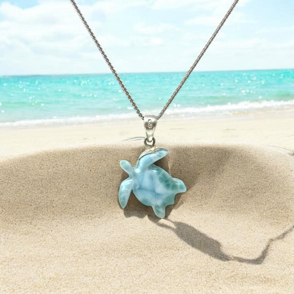 Larimar Sea Turtle Tortoise Necklace , Silver Gemstone Larimar Jewelry, Dominican Republic Larimar Necklace Gifts for Her, 1.75