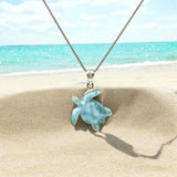 Larimar Sea Turtle Tortoise Necklace , Silver Gemstone Larimar Jewelry, Dominican Republic Larimar Necklace Gifts for Her, 1.75"x 1.30"