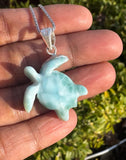 Larimar Sea Turtle Tortoise Necklace , Silver Gemstone Larimar Jewelry, Dominican Republic Larimar Necklace Gifts for Her, 1.75"x 1.30"