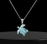 Larimar Sea Turtle Tortoise Necklace , Silver Gemstone Larimar Jewelry, Dominican Republic Larimar Necklace Gifts for Her, 1.75"x 1.30"