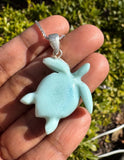 Larimar Sea Turtle Necklace , Silver Gemstone Larimar Jewelry, Dominican Republic Larimar Necklace Gifts for Her, 1.75"x 1.30" Sold As Is