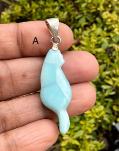 Larimar Gemstone Cat Pendant, Handmade Sterling Silver Large Dominican Republic Larimar Pendant Healing Stone AA+ Grade Blue Stone