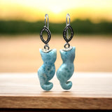 Rare Larimar Cat Earrings, Handcarved Cat Shape Larimar Gemstone Earrings, Pave Diamond Sterling Silver Dangle Earrings, Cat Lover Gifts