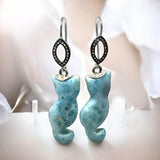 Rare Larimar Cat Earrings, Handcarved Cat Shape Larimar Gemstone Earrings, Pave Diamond Sterling Silver Dangle Earrings, Cat Lover Gifts
