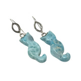 Rare Larimar Cat Earrings, Handcarved Cat Shape Larimar Gemstone Earrings, Pave Diamond Sterling Silver Dangle Earrings, Cat Lover Gifts