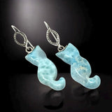 Rare Larimar Cat Earrings, Handcarved Cat Shape Larimar Gemstone Earrings, Pave Diamond Sterling Silver Dangle Earrings, Cat Lover Gifts