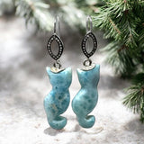 Rare Larimar Cat Earrings, Handcarved Cat Shape Larimar Gemstone Earrings, Pave Diamond Sterling Silver Dangle Earrings, Cat Lover Gifts