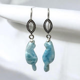 Rare Larimar Cat Earrings, Handcarved Cat Shape Larimar Gemstone Earrings, Pave Diamond Sterling Silver Dangle Earrings, Cat Lover Gifts
