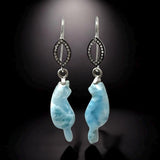 Rare Larimar Cat Earrings, Handcarved Cat Shape Larimar Gemstone Earrings, Pave Diamond Sterling Silver Dangle Earrings, Cat Lover Gifts