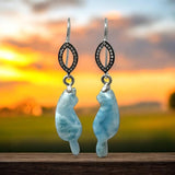 Rare Larimar Cat Earrings, Handcarved Cat Shape Larimar Gemstone Earrings, Pave Diamond Sterling Silver Dangle Earrings, Cat Lover Gifts