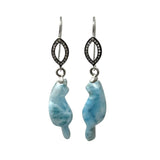 Rare Larimar Cat Earrings, Handcarved Cat Shape Larimar Gemstone Earrings, Pave Diamond Sterling Silver Dangle Earrings, Cat Lover Gifts