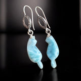 Rare Larimar Cat Earrings, Handcarved Cat Shape Larimar Gemstone Earrings, Pave Diamond Sterling Silver Dangle Earrings, Cat Lover Gifts