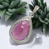 Pink Sapphire Diamond Pendant, Sterling Silver Gemstone Pendant, Pave Diamond Pendant, Natural Sapphire Gemstone Jewelry, Gifts for Her