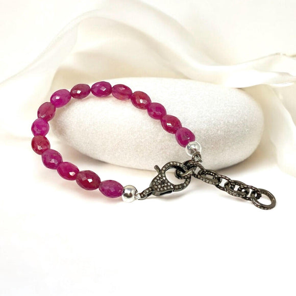 Natural Pink Sapphire Gemstone Bracelet, Pave Diamond Adjustable Bracelet, Sapphire Jewelry, September Birthstone Jewelry