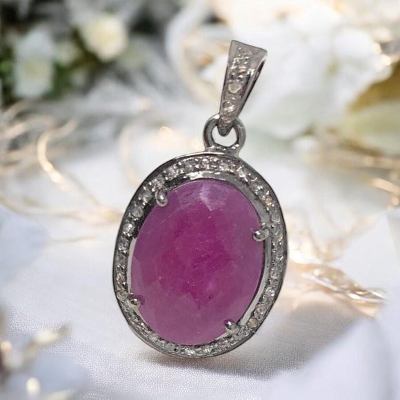Pink Sapphire Gemstone Pendant, Silver Diamond Pendant, Heart Chakra September Birthstone Jewelry, Spiritual Healing Crystal Jewelry Gifts