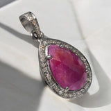 Pink Sapphire Gemstone Pendant, Silver Pave Diamond Pendant, September Birthstone, Heart Chakra Spiritual Healing Crystal Jewelry Gifts