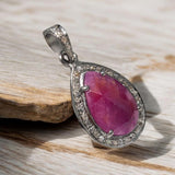 Pink Sapphire Gemstone Pendant, Silver Pave Diamond Pendant, September Birthstone, Heart Chakra Spiritual Healing Crystal Jewelry Gifts