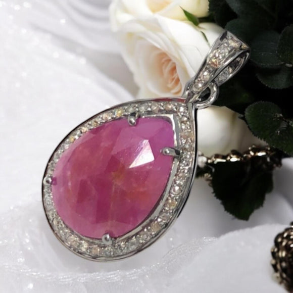 Pink Sapphire Gemstone Pendant, Sterling Silver Pave Diamond Pendant, Spiritual Healing Heart Chakra Jewelry, September Birthstone Jewelry
