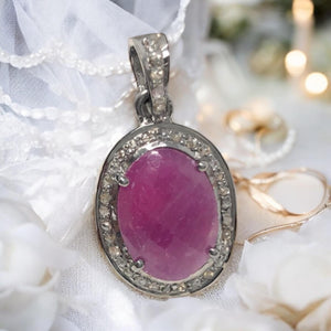 Pink Sapphire Gemstone Pendant, Sterling Silver Pave Diamond Pendant, Spiritual Healing Crystal Jewelry, Heart Chakra Jewelry Gifts for Her