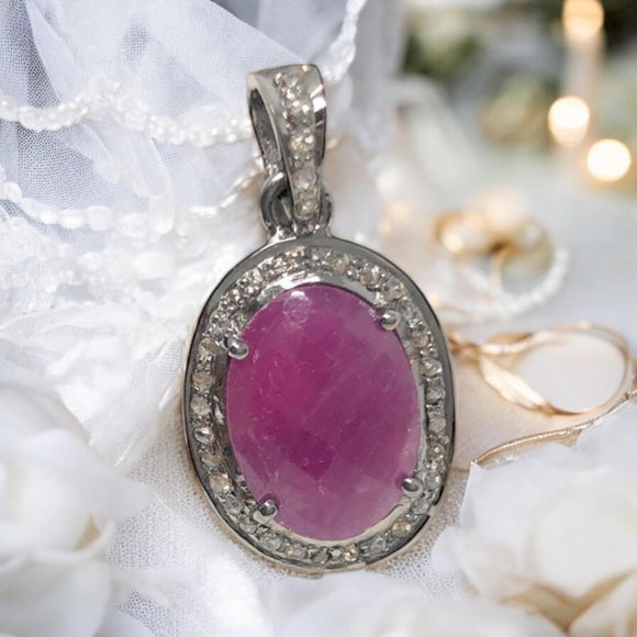 Pink Sapphire Gemstone Pendant, Sterling Silver Pave Diamond Pendant, Spiritual Healing Crystal Jewelry, Heart Chakra Jewelry Gifts for Her