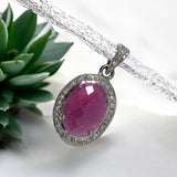 Pink Sapphire Gemstone Pendant, Sterling Silver Pave Diamond Pendant, Spiritual Healing Crystal Jewelry, Heart Chakra Jewelry Gifts for Her