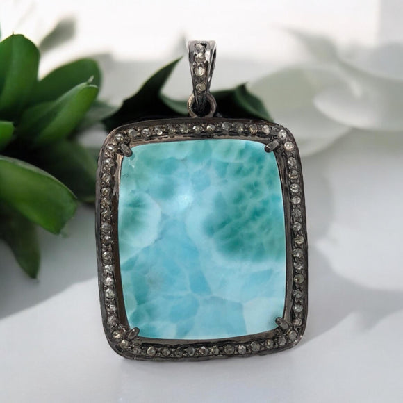 Larimar Gemstone Pendant, Sterling Silver Pave Diamond Pendant, Spiritual Healing Gemstone Larimar Jewelry, Throat Chakra Crystal Jewelry