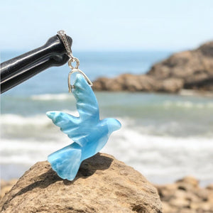Larimar Pendant, Silver Larimar Bird Pendant, Pave Diamond Gemstone Pendant, Spiritual Healing Chakra Crystal Jewelry, Meditation Jewelry