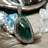 Emerald Pendant, Silver Pave Diamond Emerald Gemstone Pendant, May Birthstone Pendant, Spiritual Crystal Jewelry, Healing Chakra Jewelry