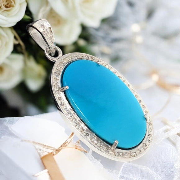Sleeping Beauty Turquoise Pave Diamond Pendant, Spiritual Healing Crystal Pendant, Throat Chakra Gemstone Jewelry, December Birthstone Gifts
