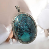 Sterling Silver Turquoise Pave Diamond Pendant, Turquoise Spiritual Healing Jewelry, Throat Chakra Gemstone Pendant, Birthstone Jewelry Gift