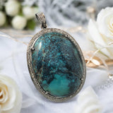 Sterling Silver Turquoise Pave Diamond Pendant, Turquoise Spiritual Healing Jewelry, Throat Chakra Gemstone Pendant, Birthstone Jewelry Gift