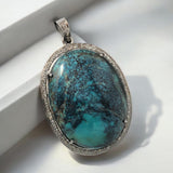 Sterling Silver Turquoise Pave Diamond Pendant, Turquoise Spiritual Healing Jewelry, Throat Chakra Gemstone Pendant, Birthstone Jewelry Gift