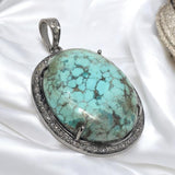 Silver Turquoise Pave Diamond Pendant, Tibetan Turquoise Gemstone Jewelry, Chakra Healing December Birthstone Pendant, Spiritual Jewelry