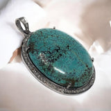 Turquoise Pave Diamond Pendant, Healing Gemstone Jewelry, Spiritual Crystal Birthstone Jewelry, Silver Tibetan Turquoise Pendant Gifts