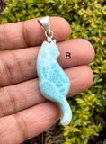 Larimar Gemstone Cat Pendant, Handmade Sterling Silver Large Dominican Republic Larimar Pendant Healing Stone AA+ Grade Blue Stone