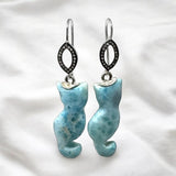 Rare Larimar Cat Earrings, Handcarved Cat Shape Larimar Gemstone Earrings, Pave Diamond Sterling Silver Dangle Earrings, Cat Lover Gifts